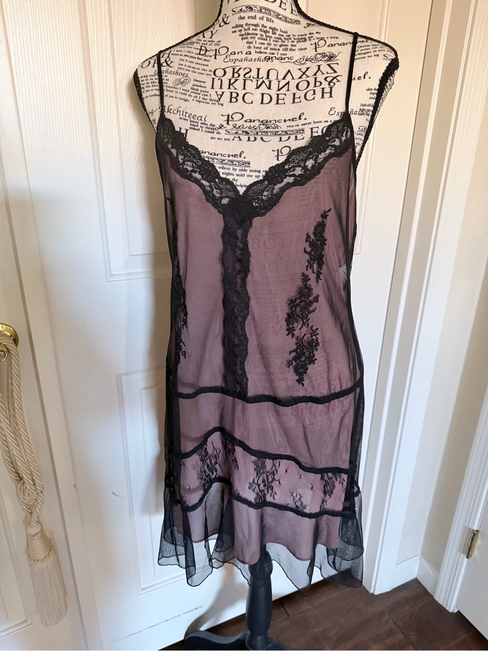 Sheer Black Lace-Trim Slip Dress with Mauve Lining